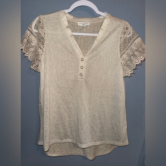 Tan Embellished Blouse with Lace Sleeves - Picture 1 of 3